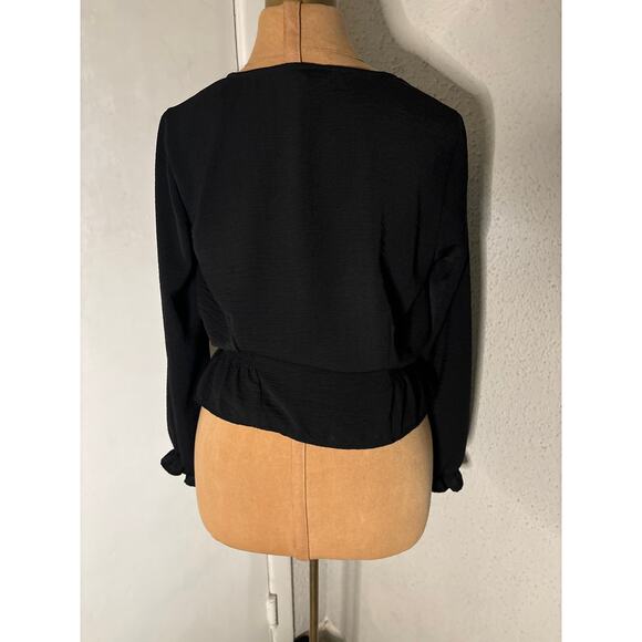 Topshop Black V-Neck Buttondown Smocked Peplum Top 2 Peasant Boho Classic Casual - Picture 2 of 12